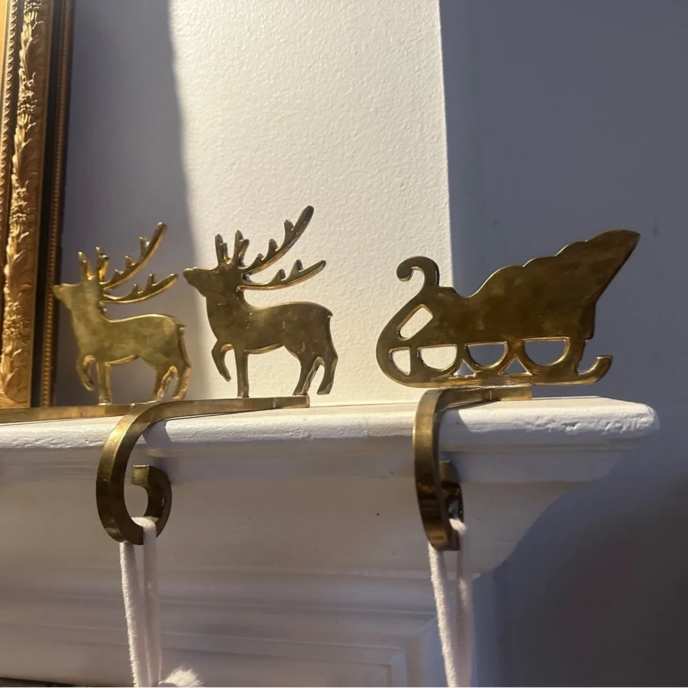 Vintage Brass Gold Reindeer and Sleigh Stocking Hangers for Christmas - Picture 5 of 12